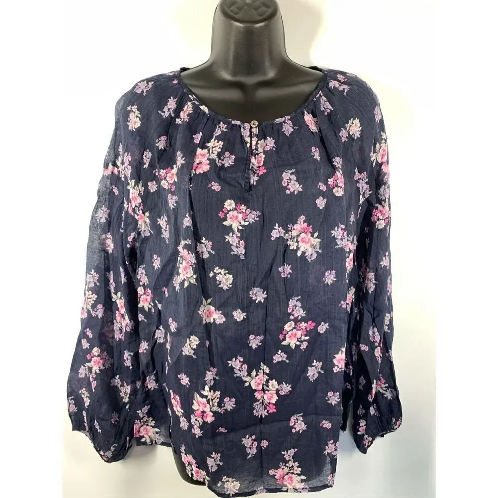 5--- Vince Camuto Peaceful Bouquet Keyhole Floral Long Sleeve Blouse Size Medium